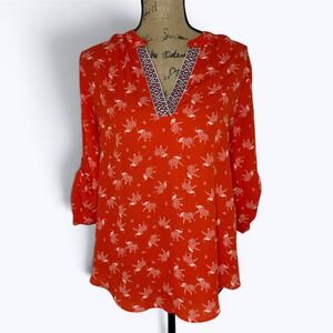 Society Girl Elephant Print Tunic Top Red Roll Tab Sleeve Boho Novelty Bold Sz L